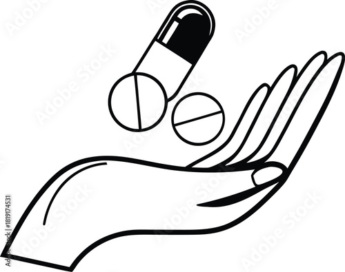 Contour drawing of a hand holding medical capsules, medical treatment icon in a simple outline.