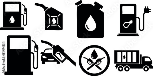Fuel pump and gas can vector icons collection showing petrol station and refueling equipment