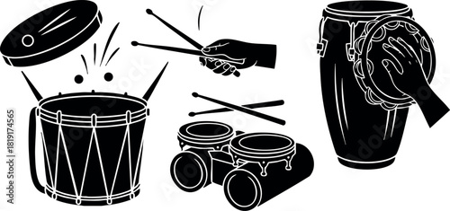 Percussion instruments drum sticks bongos conga hand playing vector illustration