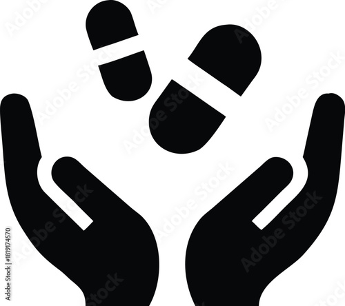 Contour drawing of a hand holding medical capsules, medical treatment icon in a simple outline.