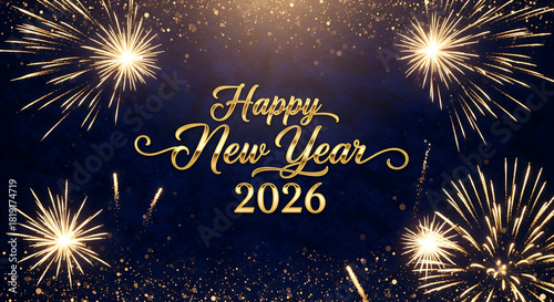 Wallpaper Mural Happy New Year 2026 Gold Text with Fireworks Torontodigital.ca