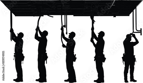 Silhouette construction workers installing ceiling electrical wiring, skilled electricians working indoors on building infrastructure, maintenance team ensuring safe utility connections