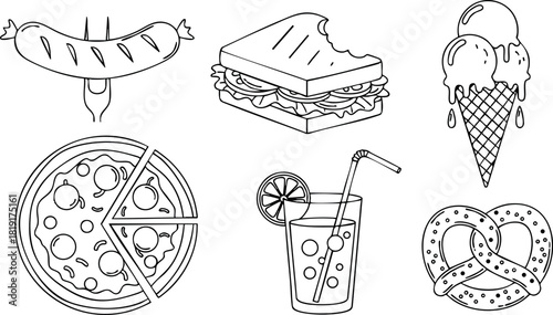 Black and white vector food icons sausage sandwich ice cream pizza drink pretzel set simple design