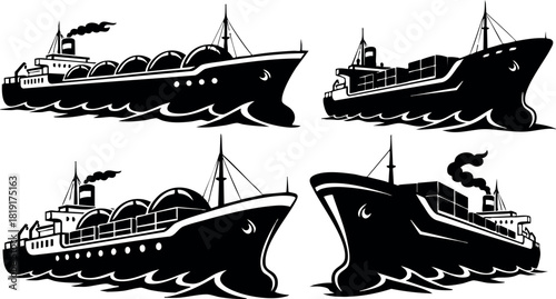 Vintage cargo ship black silhouette set shipping transportation nautical vessel illustration vector