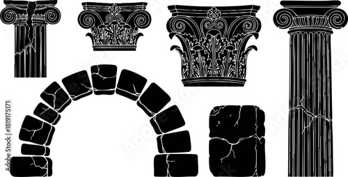 Ancient architectural columns capitals arch stone blocks classical style vector illustration
