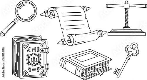 Vintage keys old books magnifying glass scroll and book press vector illustration line art drawing