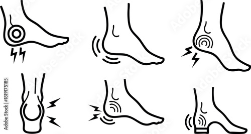 Foot pain icons with heel and arch discomfort signs vector illustration simple design