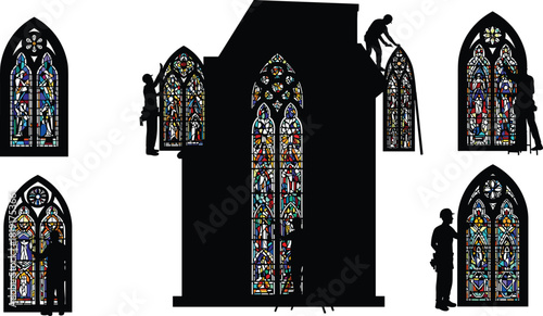 Silhouette construction workers restoring church building with colorful stained glass windows, architectural restoration and renovation work preserving historic religious structure