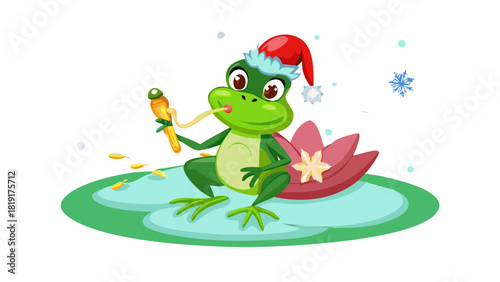 Cartoon Christmas frog playing a tiny trumpet while sitting on a glowing lily-pad snowflake
