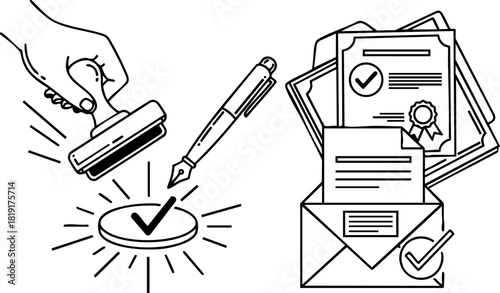 Hand stamping checkmark with pen and certified documents with envelopes vector illustration