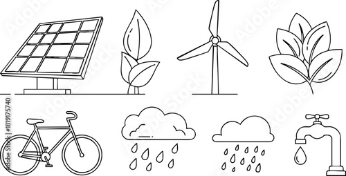 Renewable energy solar panel wind turbine bicycle rain cloud leaves water tap vector illustration