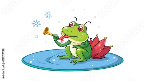 Cartoon Christmas frog playing a tiny trumpet while sitting on a glowing lily-pad snowflake