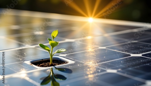 Solar energy growth seedling on solar panel nature close-up morning light sustainability concept