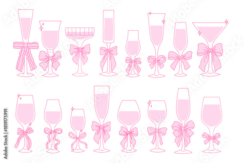 Set of doodle hand-drawn trendy coquette pink cocktail glasses. Whimsical minimalist vintage vector illustration for holiday posters, greeting cards, wedding invitations, and branding.