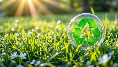 Promoting sustainability recycling symbol on grass outdoor setting environmental awareness natural light