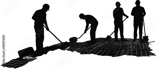 Silhouette construction workers, road maintenance crew, pavement repair teamwork, manual labor, urban infrastructure, black and white illustration, grid surface, shovel, roller