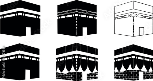 Kaaba vector illustration set different angles black white sacred islamic mosque building holy pilgrimage