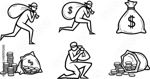 Thief stealing money bag and coins vector illustration in black outline style