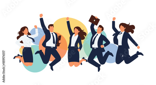 Successful business people jumping in the air with joy and enthusiasm.