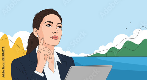 Young businesswoman in a suit thoughtfully looking up and holding a tablet in a scenic coastal landscape.