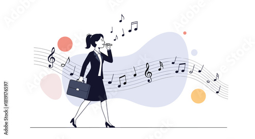 Businesswoman walks and plays a flute with musical notes flowing around her.