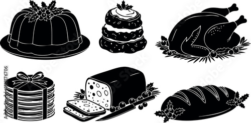 Black and white vintage style food illustrations with cake turkey bread loaf jelly and pancakes vector art