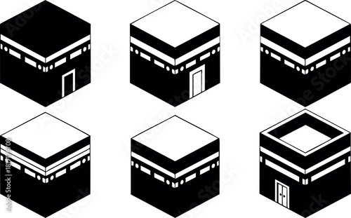 Kaaba vector illustration set simple black and white isometric design sacred islamic building
