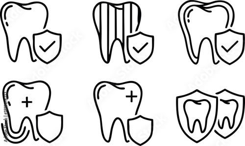 Tooth dental protection shield icons vector set simple line art design isolated on white background