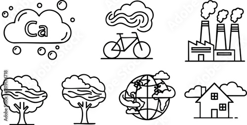 Air pollution environmental impact illustration with factory smoke trees bicycle globe and house vector