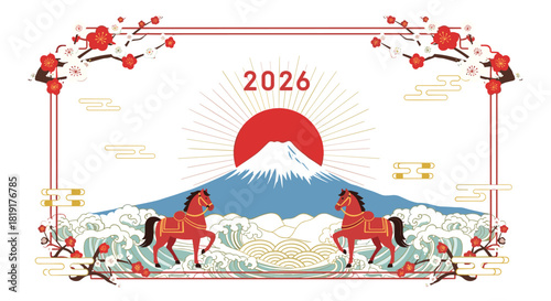 Traditional Japanese New Year illustration featuring Mount Fuji, two red horses, plum blossoms, and waves for 2026.