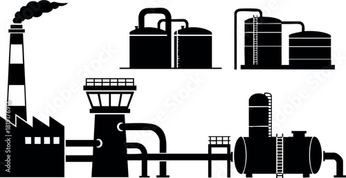 Industrial factory with smokestack and storage tanks vector illustration black silhouette