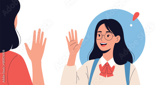 Two people waving hello to each other, one a student with glasses and a backpack.