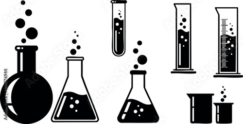Laboratory glassware chemical flasks test tubes vector illustration black and white set