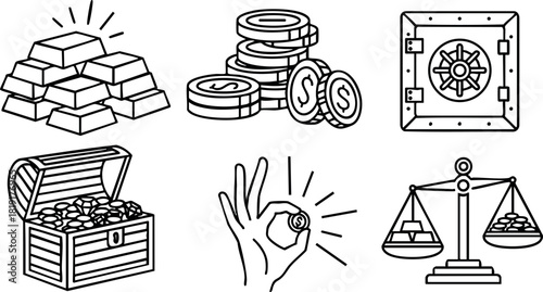 Treasure chest gold coins stacks safe scales hand gesture money wealth vector illustration