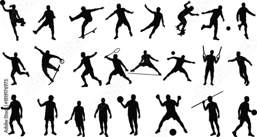 Silhouette illustration of diverse athletes performing various sports actions, showcasing dynamic movement, active poses, competitive energy, physical fitness