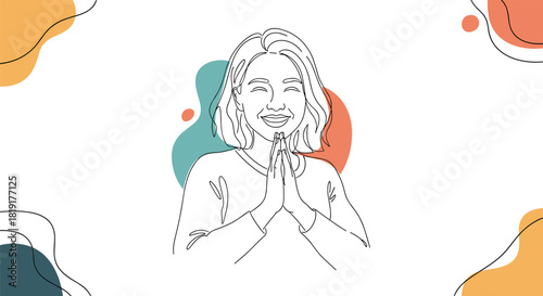 A simple line drawing of a smiling woman with her hands pressed together in front of her chest.