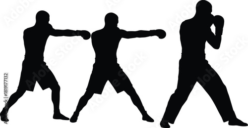 Silhouette of a boxer training and throwing punches, practicing fighting stance, shadowboxing workout, fitness exercise, strength, determination, and combat sport.