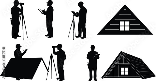Silhouette land surveyors using tripod equipment with house roof structure design, construction planning and accurate site measurement for building development project