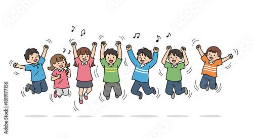 A group of happy children jumping and singing with musical notes above them.