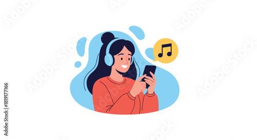 Young woman wearing headphones listens to music on her smartphone with a musical note icon.