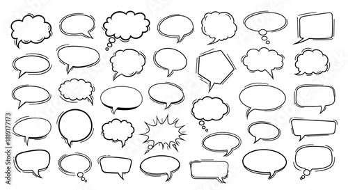 A collection of hand-drawn speech and thought bubbles in various shapes and styles.