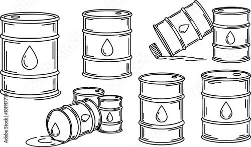 Oil barrels vector illustration set with spilled liquid and standing drums