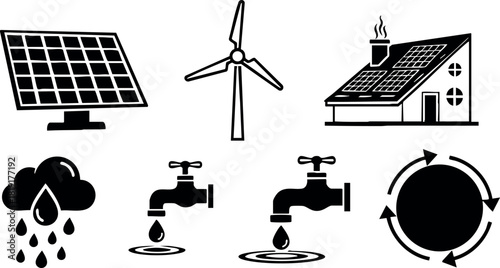 Solar panel wind turbine rainwater faucet water drop energy cycle sustainability vector illustration