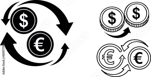 Currency exchange vector icons with dollar and euro coins and circular arrows for finance and trade concepts