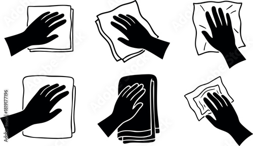 Hand wiping different cloth cleaning surface actions vector illustration black silhouette
