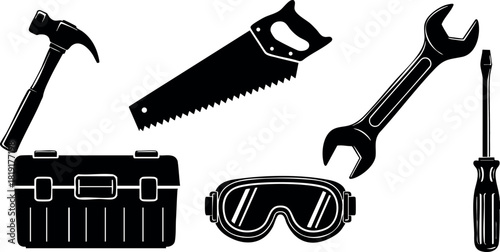 Construction tools set with hammer saw wrench screwdriver toolbox and safety goggles vector illustration