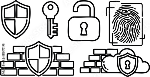 Security icons set with shield key lock fingerprint and firewall design vector illustration