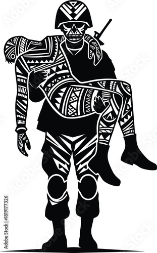 Silhouette of a soldier carrying an injured person in tribal patterned artwork style, symbolizing sacrifice, bravery, duty, compassion, and dramatic emotional storytelling