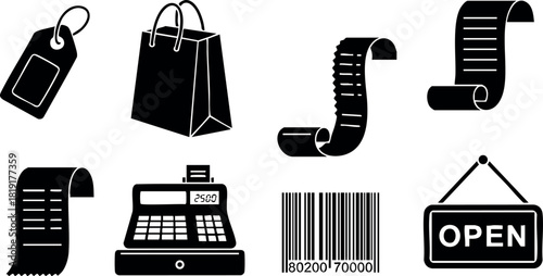 Shopping and retail icons with price tag bag receipt barcode open sign vector illustration
