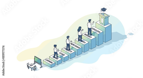 Students climb educational steps to graduation cap, a visual metaphor for learning, research, and dedication for academic success and growth